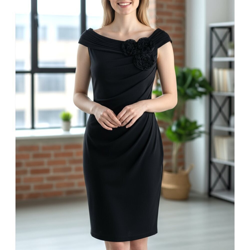 Adrianna Papell Black Draped Jersey Rosette Accented Dress Size 10